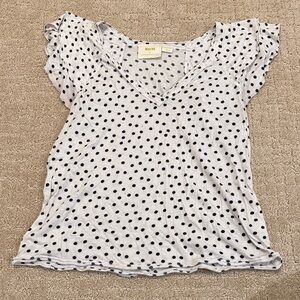 Anthropologie White Polka Dot V‑Neck Flutter Sleeve Top